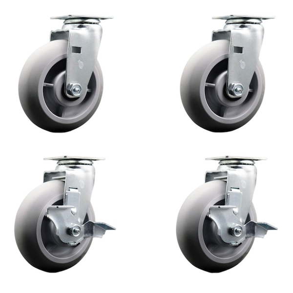 6 Inch Thermoplastic Rubber Swivel Caster Set with Roller Bearings 2 Brakes